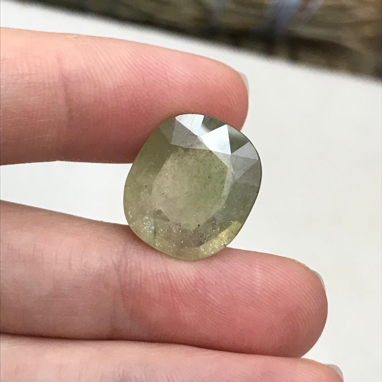 15 ct Yellowish Green Sapphire (Glass Filled) 17x15mm Cushion Cut, Loose Gem, Faceted Heated & Treated Green Sapphire