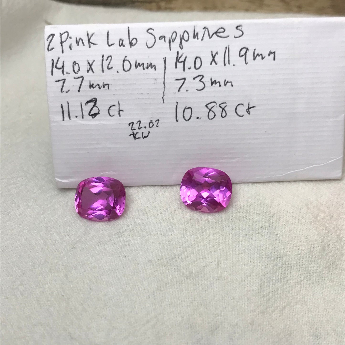 2 Lab Pink Sapphires 11 Carat, 14x12mm Rectangle Cushion Cut Loose Faceted Gemstone Man Made Corundum, Pink Gem