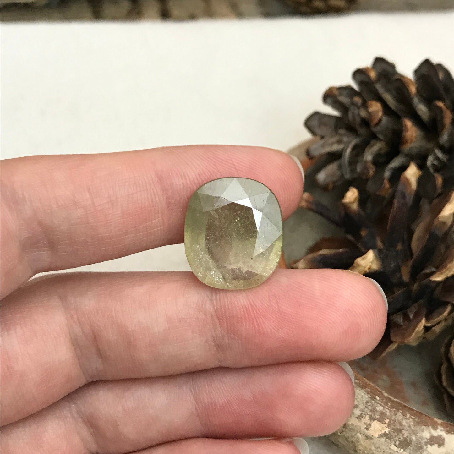 15 ct Yellowish Green Sapphire (Glass Filled) 17x15mm Cushion Cut, Loose Gem, Faceted Heated & Treated Green Sapphire