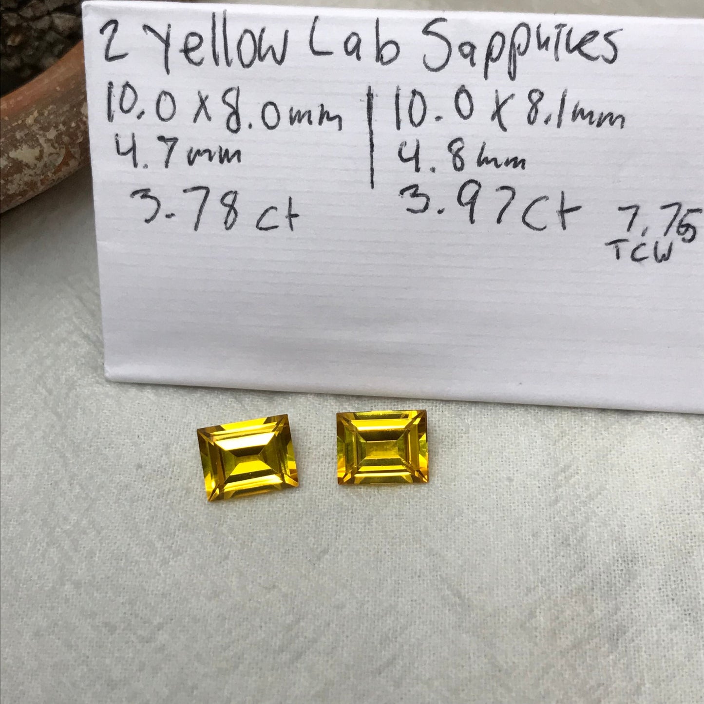2 Yellow Lab Sapphires, 10x8mm Rectangle Cut 7.75 CTW, Matching Gems, Faceted Loose Gemstones,  US Seller, Lab Created, Synthetic Corundum