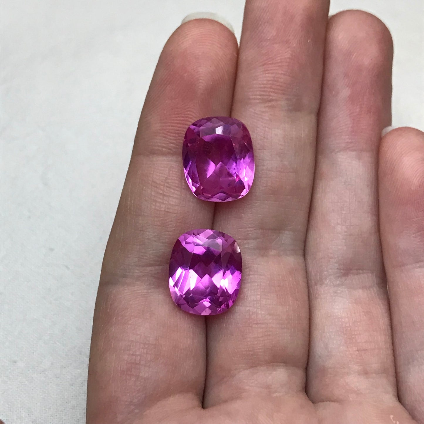 2 Lab Pink Sapphires 11 Carat, 14x12mm Rectangle Cushion Cut Loose Faceted Gemstone Man Made Corundum, Pink Gem