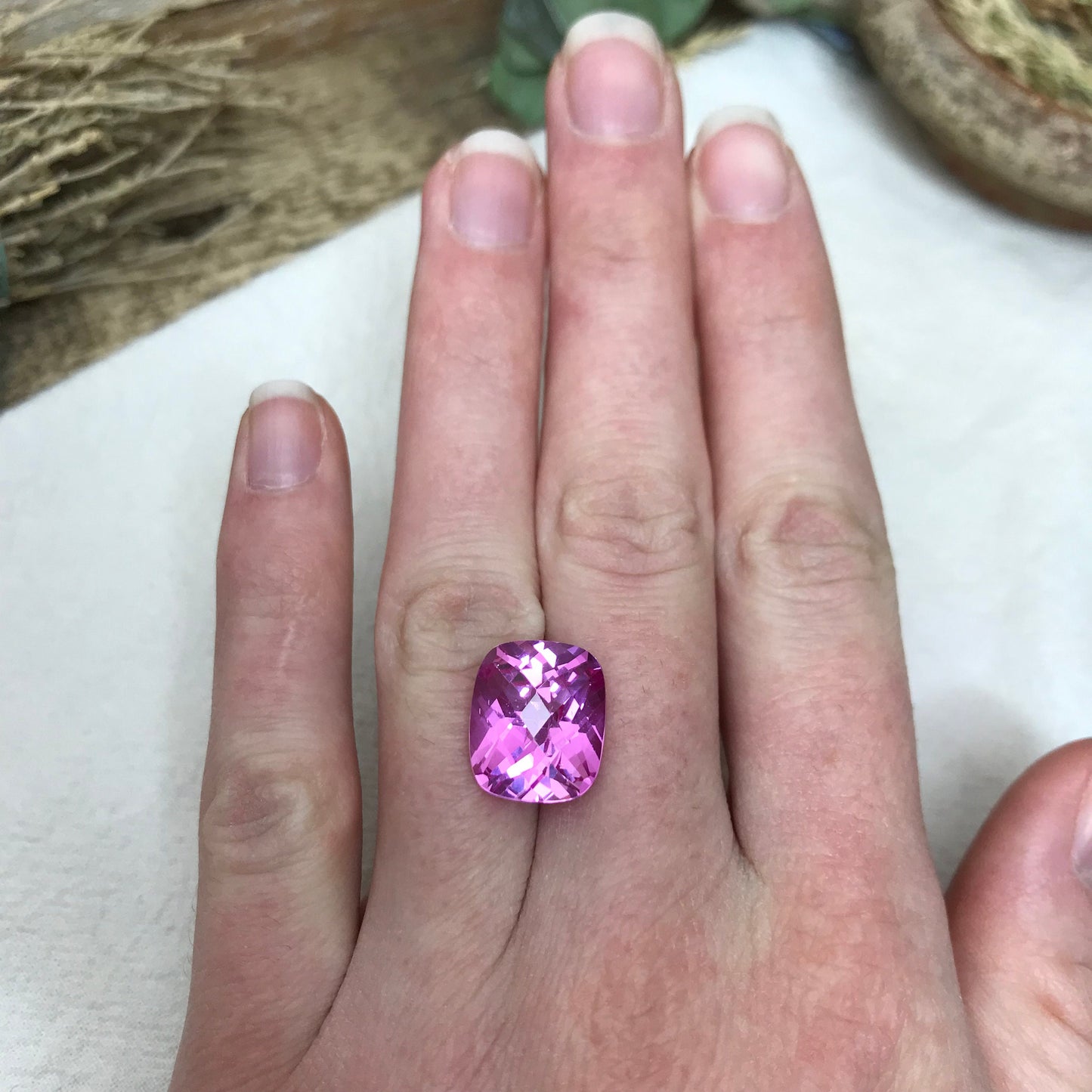 14x12mm Pink Lab Created Sapphire 12.76 cts Rectangle Cushion Checker Cut, Loose Faceted Gemstone, Synthetic, Man Made Corundum,