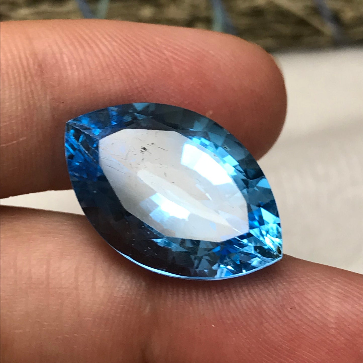 20 Carat Imperfect Blue Topaz 22x14mm Fat Marquise Cut Loose Scratched & Chipped Gem, Faceted Recycled Topaz December Birthstone, Unique Cut
