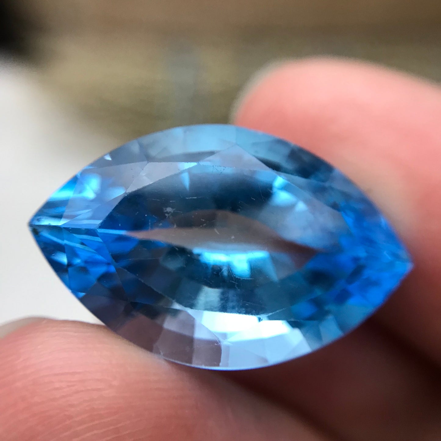 20 Carat Imperfect Blue Topaz 22x14mm Fat Marquise Cut Loose Scratched & Chipped Gem, Faceted Recycled Topaz December Birthstone, Unique Cut