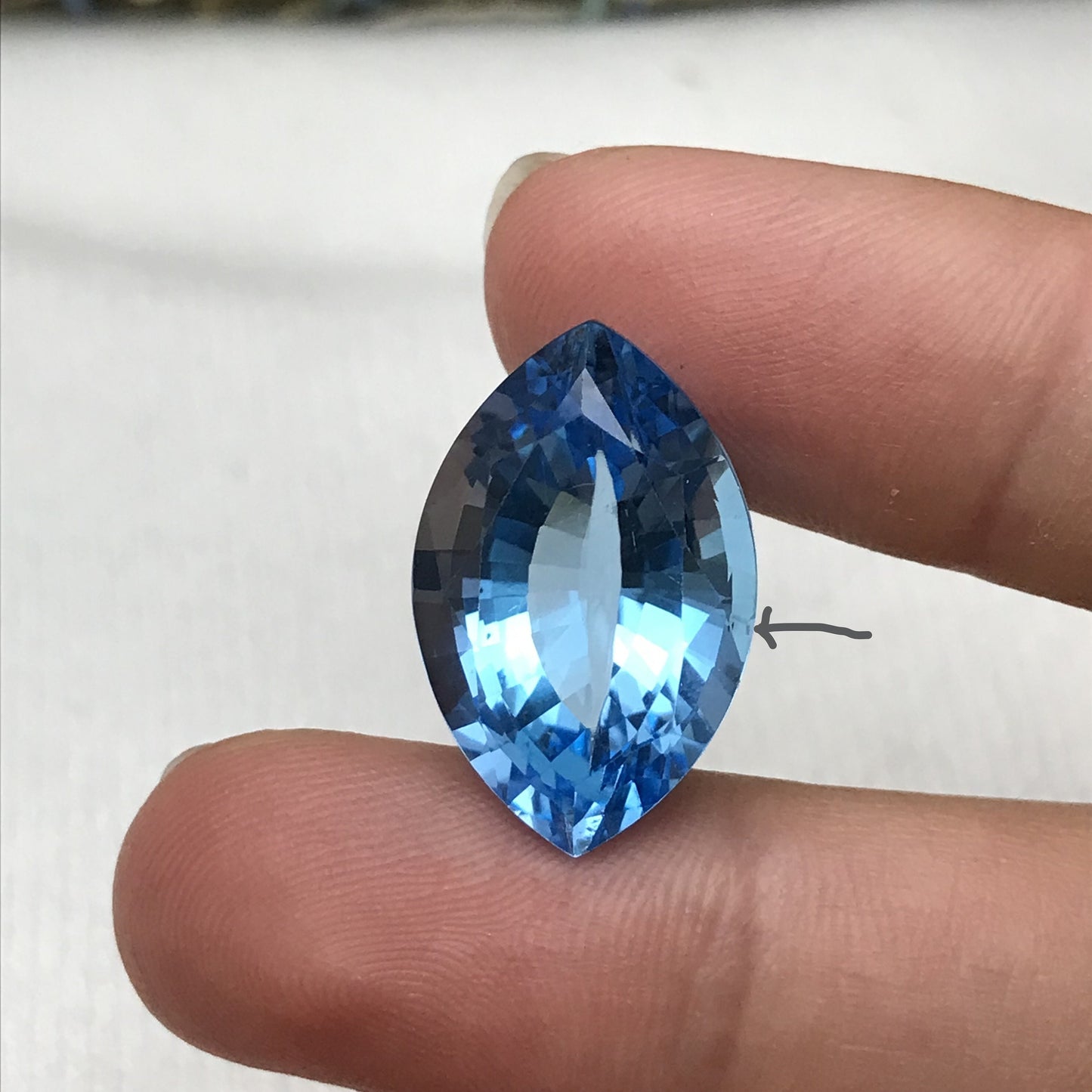 20 Carat Imperfect Blue Topaz 22x14mm Fat Marquise Cut Loose Scratched & Chipped Gem, Faceted Recycled Topaz December Birthstone, Unique Cut