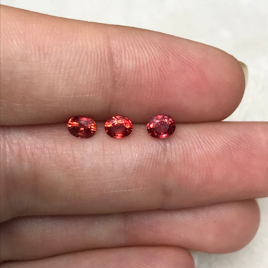 3 Red Orange Sapphires 1.19 TCW, Color Treated Corundum, Aprox. 0.40 Carat ea. Faceted Loose Fancy Color Sapphire, Approx. 4.5x3.5mm Oval
