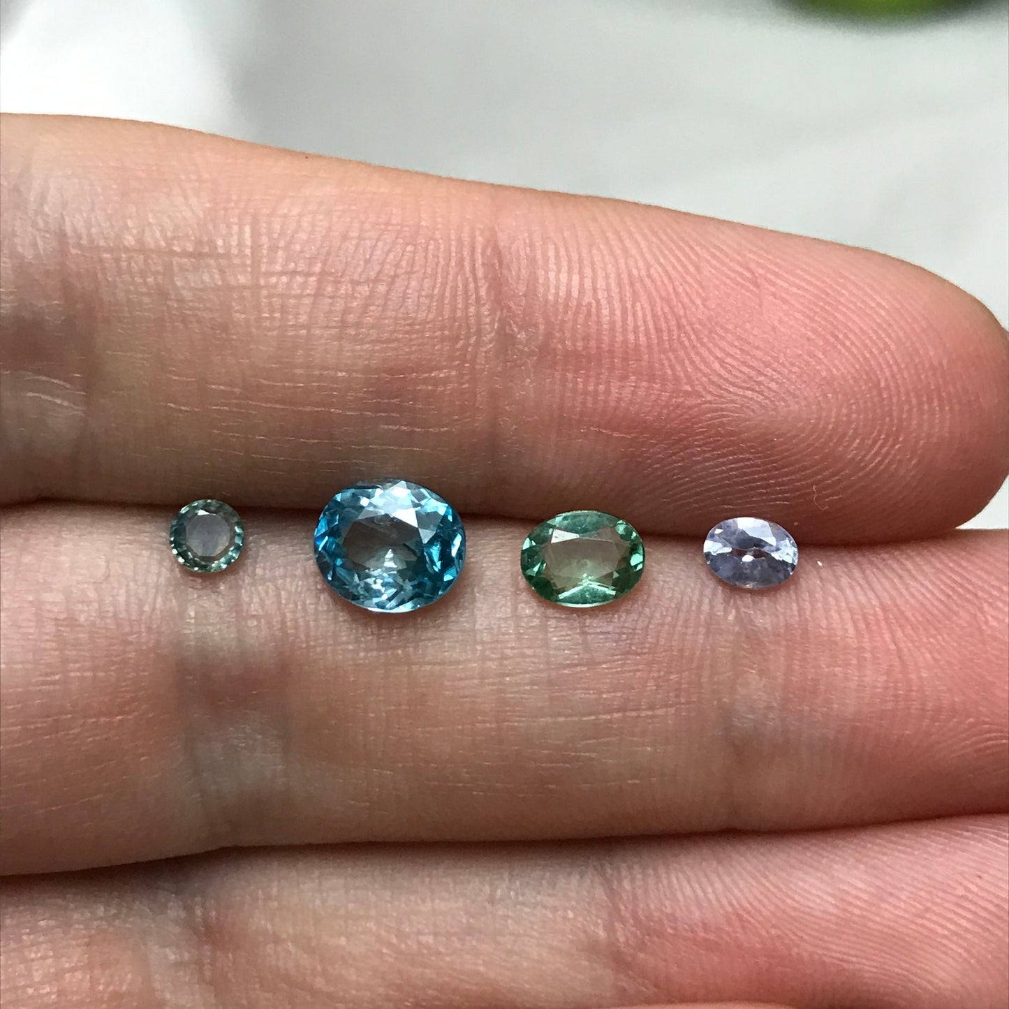 4 Blue Green Gemstones, 1.57 ct Blue Zircon, Green Apatite, Heated Light Blue Sapphire and Blue Green Sapphire, Ocean Asorment of Gems
