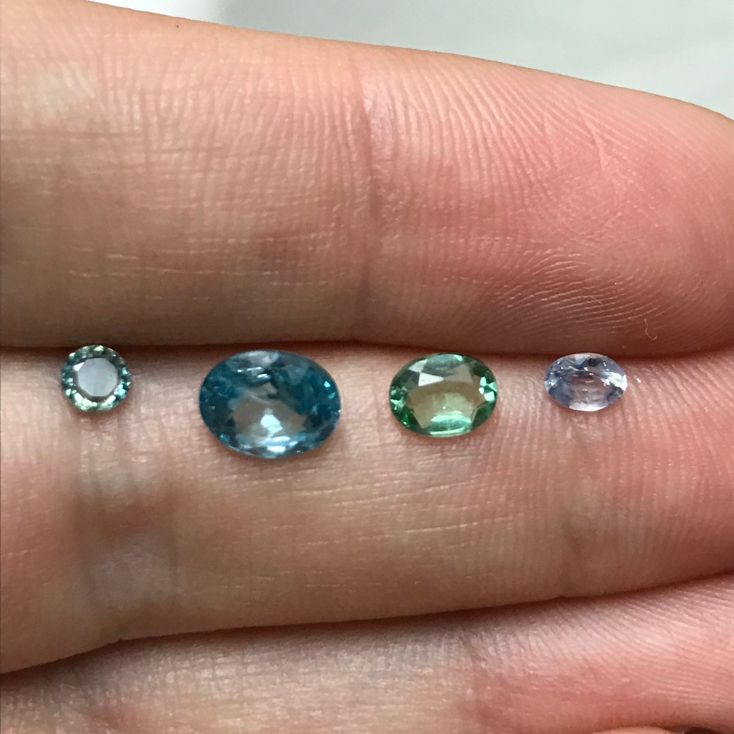 4 Blue Green Gemstones, 1.57 ct Blue Zircon, Green Apatite, Heated Light Blue Sapphire and Blue Green Sapphire, Ocean Asorment of Gems