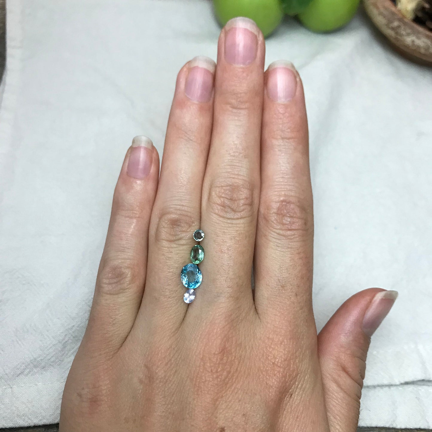 4 Blue Green Gemstones, 1.57 ct Blue Zircon, Green Apatite, Heated Light Blue Sapphire and Blue Green Sapphire, Ocean Asorment of Gems