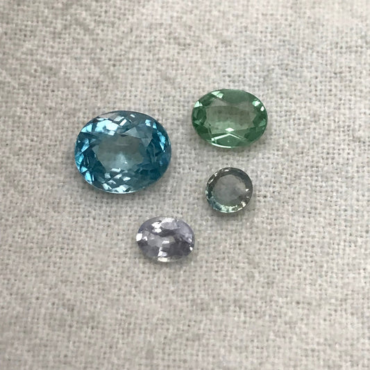 4 Blue Green Gemstones, 1.57 ct Blue Zircon, Green Apatite, Heated Light Blue Sapphire and Blue Green Sapphire, Ocean Asorment of Gems