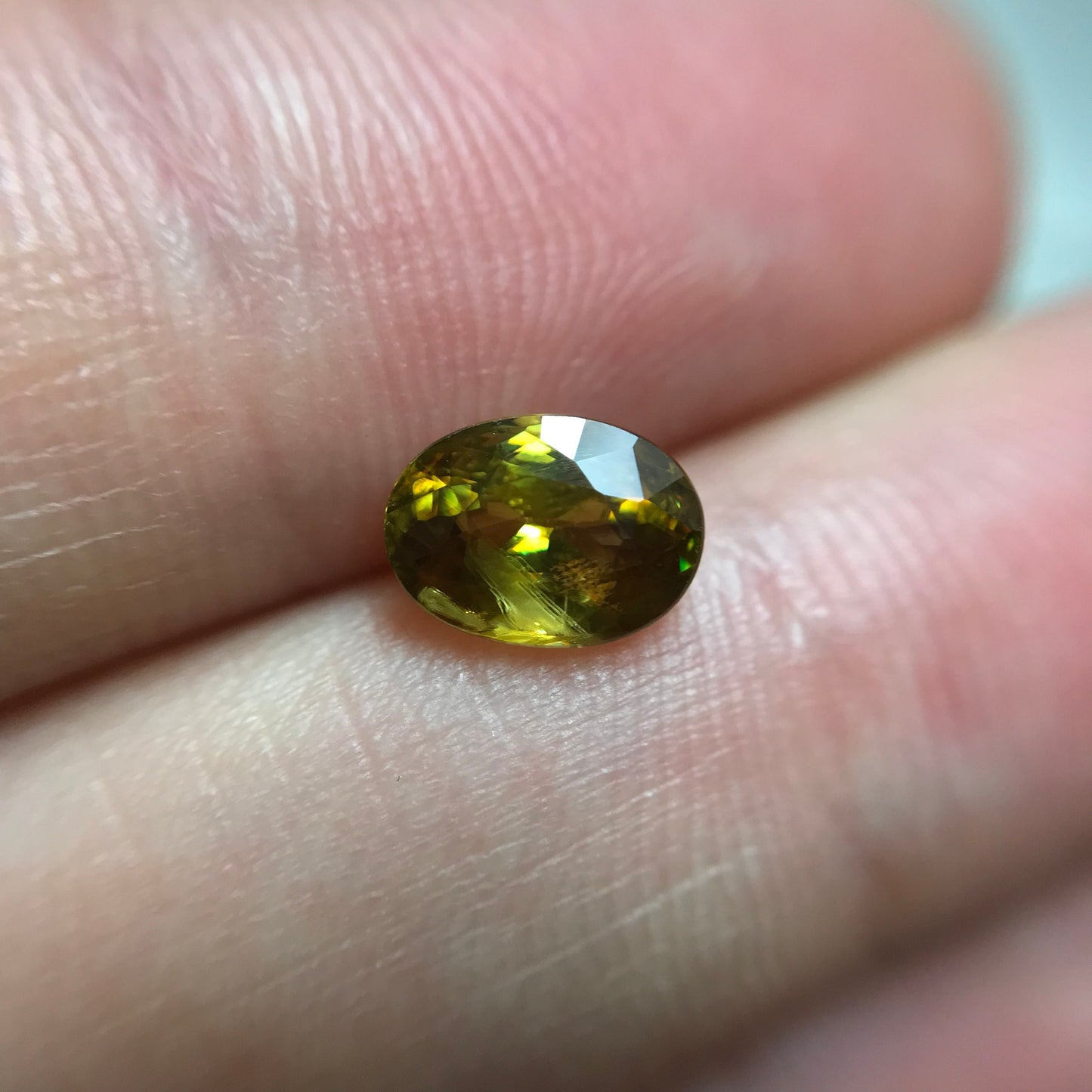 1.14 Ct Yellow Sphene, 7.3x5.3mm Oval Cut, Sphene with Rainbow Fire and Cool Inclusion, Natural Madagascar Sphene, Faceted Loose Titanite