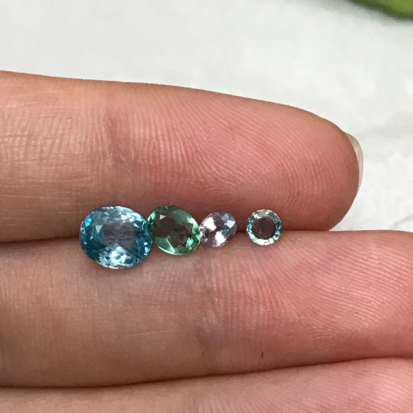4 Blue Green Gemstones, 1.57 ct Blue Zircon, Green Apatite, Heated Light Blue Sapphire and Blue Green Sapphire, Ocean Asorment of Gems