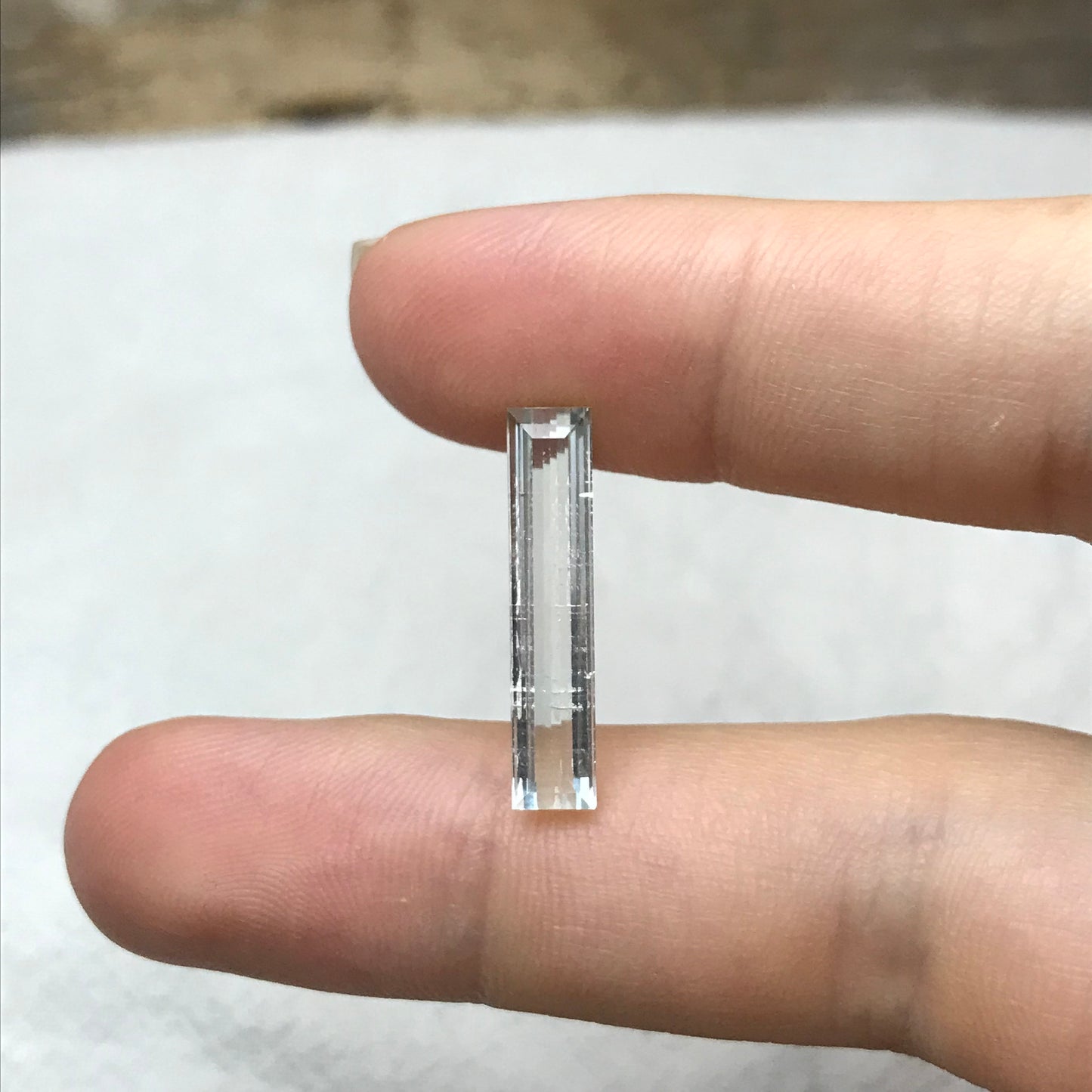 Light Tourmaline 21.5x4.5mm Elongated Baguette Cut, 3.73 carats, Natural Faceted Gem, Loose Gemstone, Light Green/ Peachy Pink