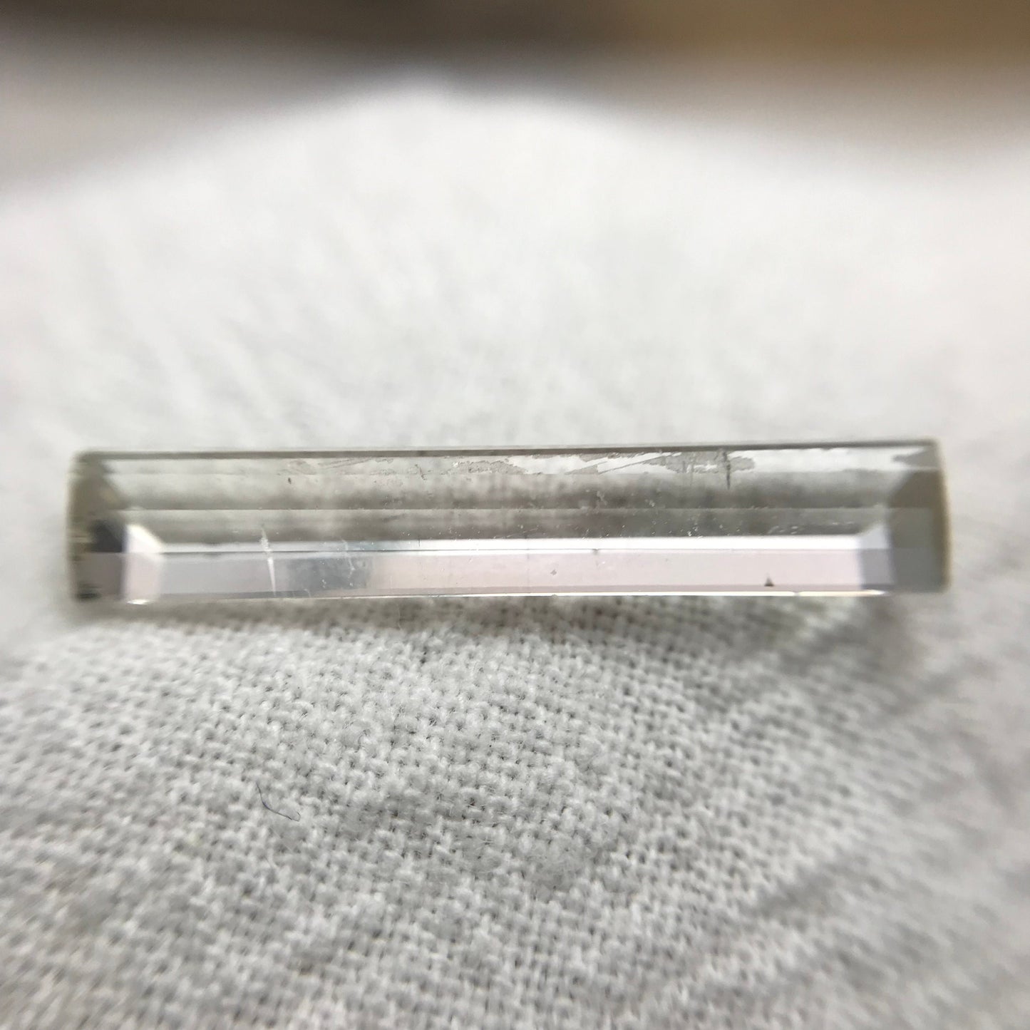 Light Tourmaline 21.5x4.5mm Elongated Baguette Cut, 3.73 carats, Natural Faceted Gem, Loose Gemstone, Light Green/ Peachy Pink