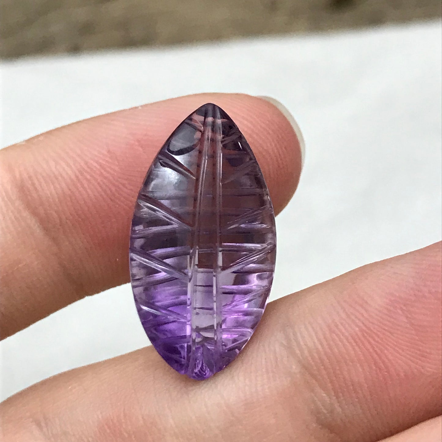 14.65 Ct Fancy Carved Purple Amethyst 23x12.7mm Carved Leaf Shape Cut, Loose Faceted Cabbed Gem, February Birthstone