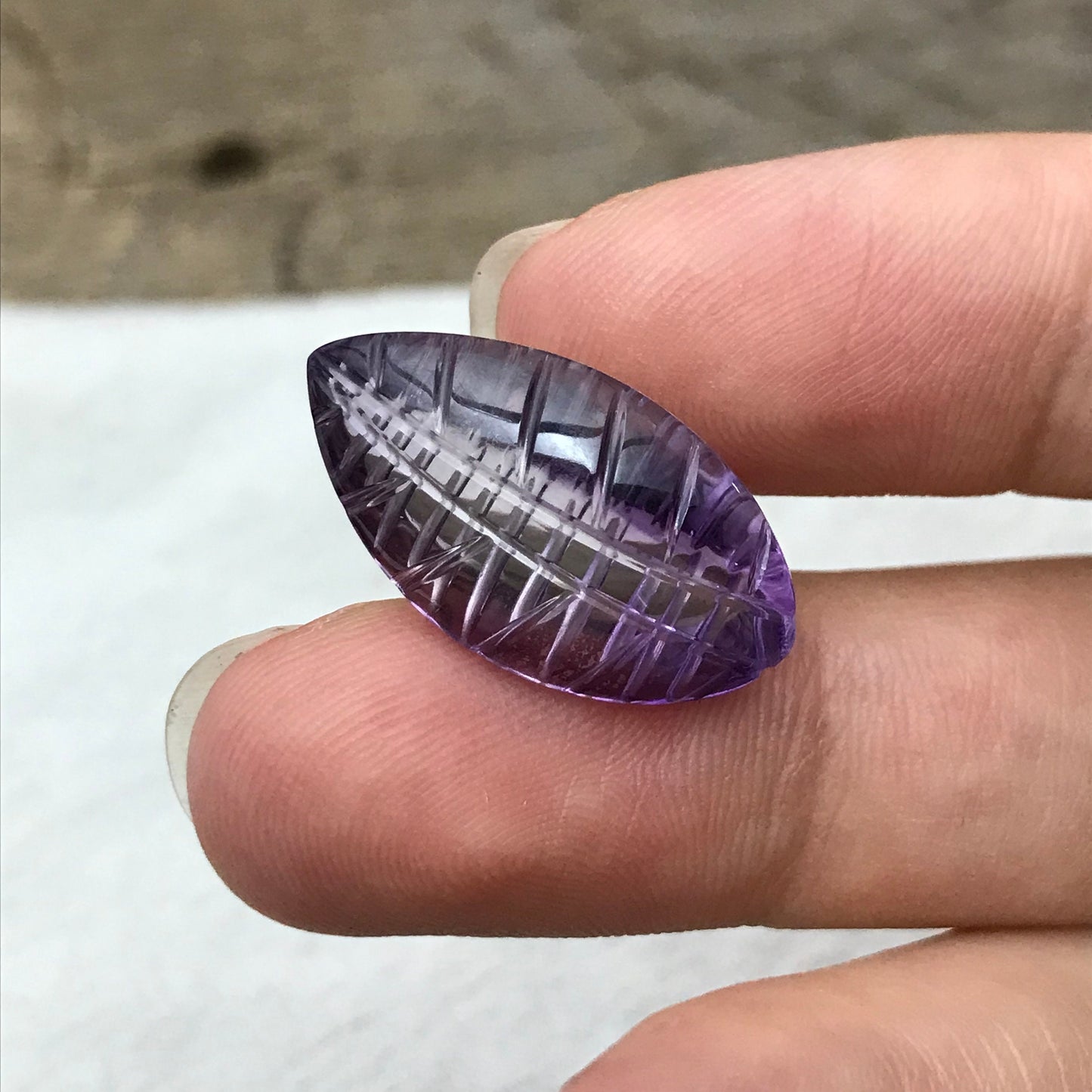 14.65 Ct Fancy Carved Purple Amethyst 23x12.7mm Carved Leaf Shape Cut, Loose Faceted Cabbed Gem, February Birthstone