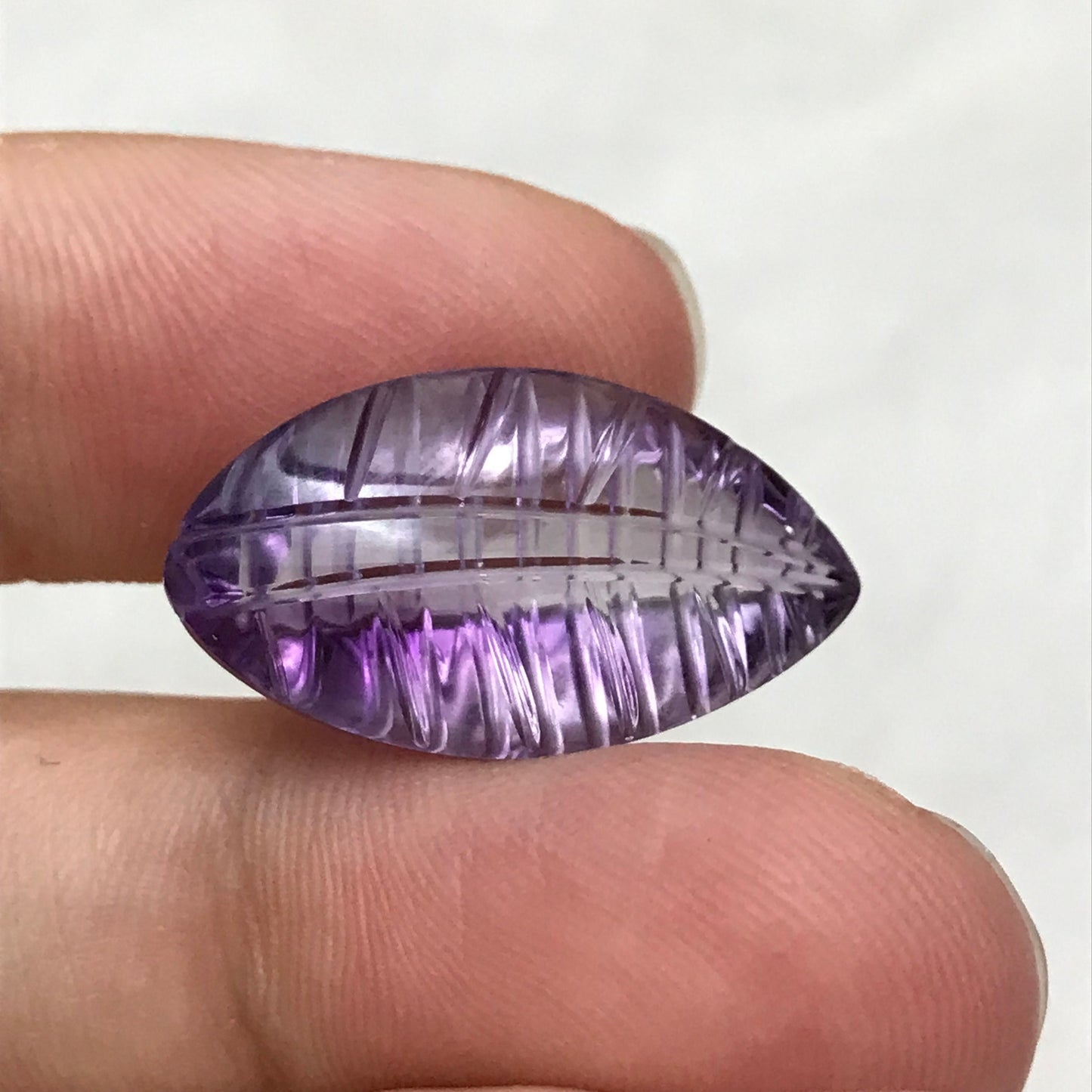 14.65 Ct Fancy Carved Purple Amethyst 23x12.7mm Carved Leaf Shape Cut, Loose Faceted Cabbed Gem, February Birthstone