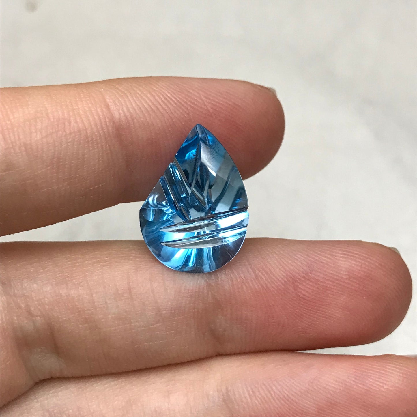 11 Ct Fancy Light Blue Topaz 18x13mm Carved Fantasy Pear Cut Gem, Loose Gemstone, Light Blue Topaz