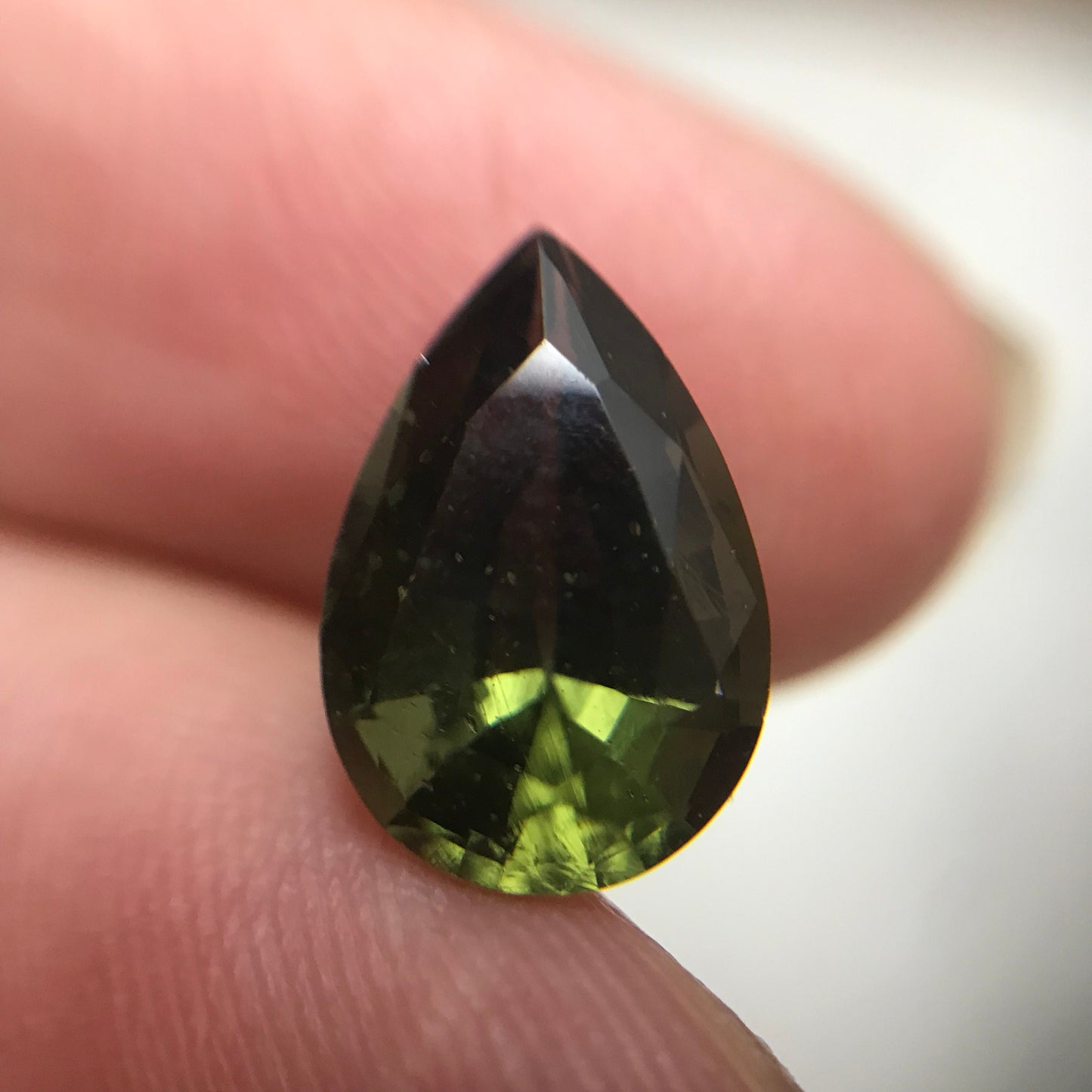 12x8mm Moldavite, 2.52 Carat Pear Cut, Faceted Green Gemstone, Tektite, Deep Green Moldavite