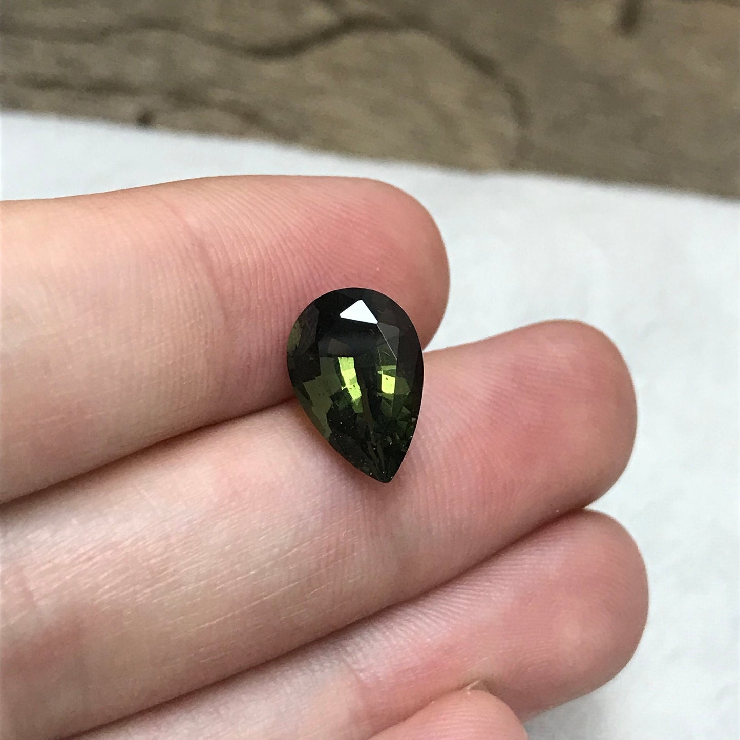 12x8mm Moldavite, 2.52 Carat Pear Cut, Faceted Green Gemstone, Tektite, Deep Green Moldavite