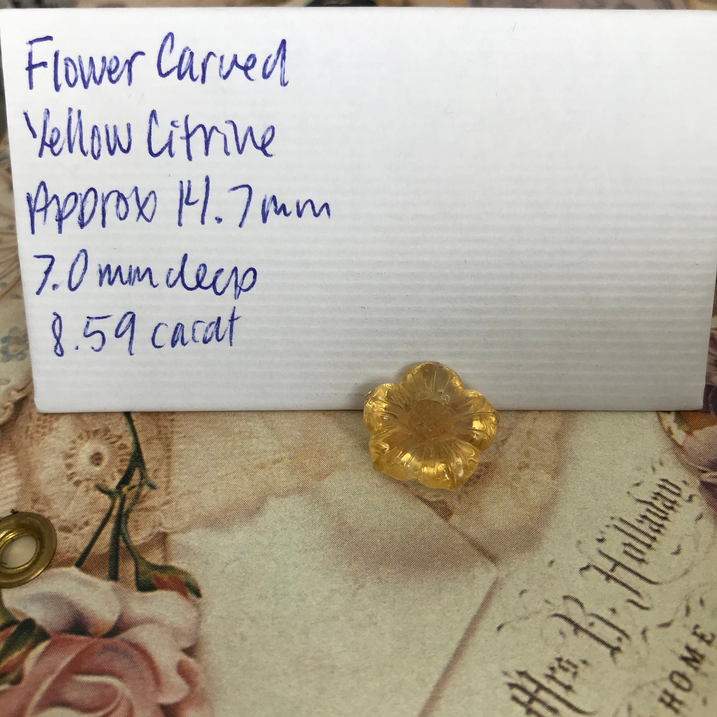 Carved Yellow Citrine 8.59 carat 14.7mm Carved Flower, Carved Loose Gemstone, November Birthstone