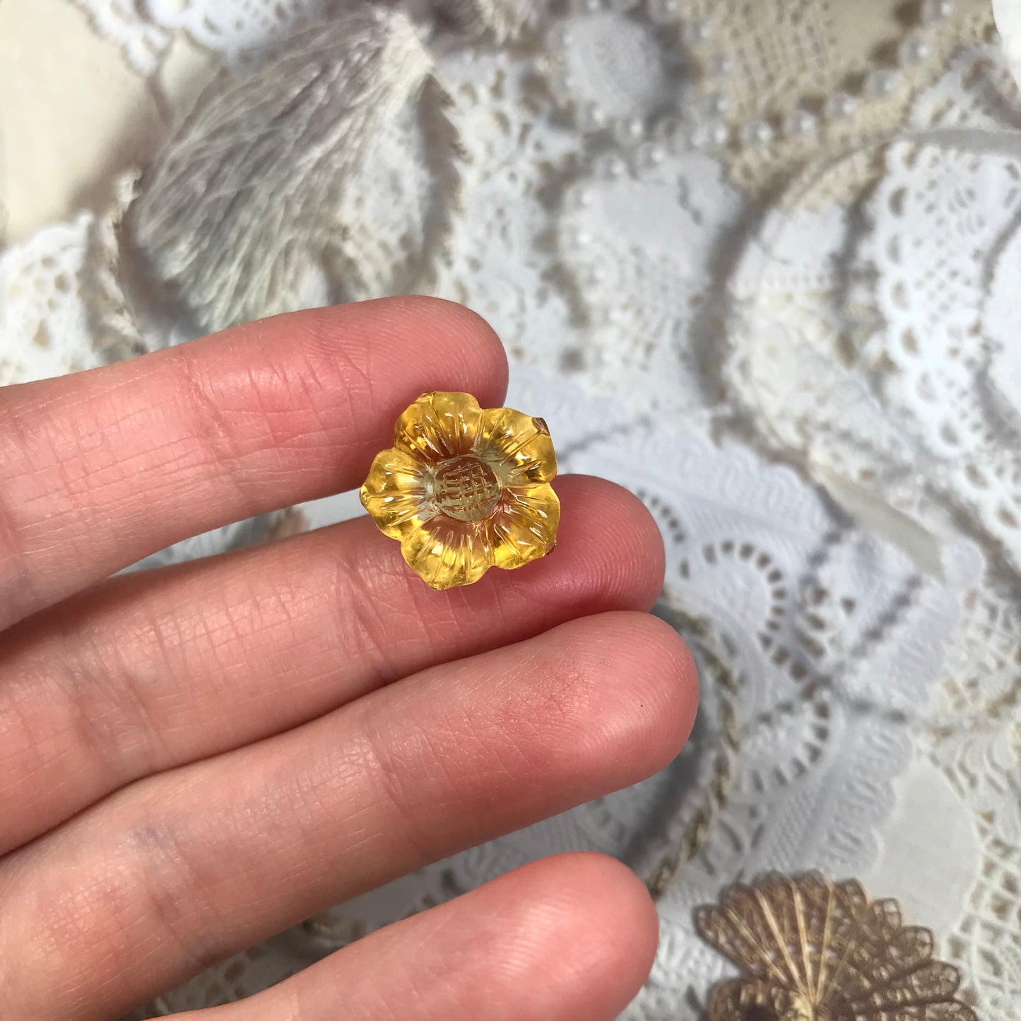 Natural Orange Yellow Citrine, 15 mm Flower Carved Quartz, 12.05 carat Loose Gem Unmounted Gemstone