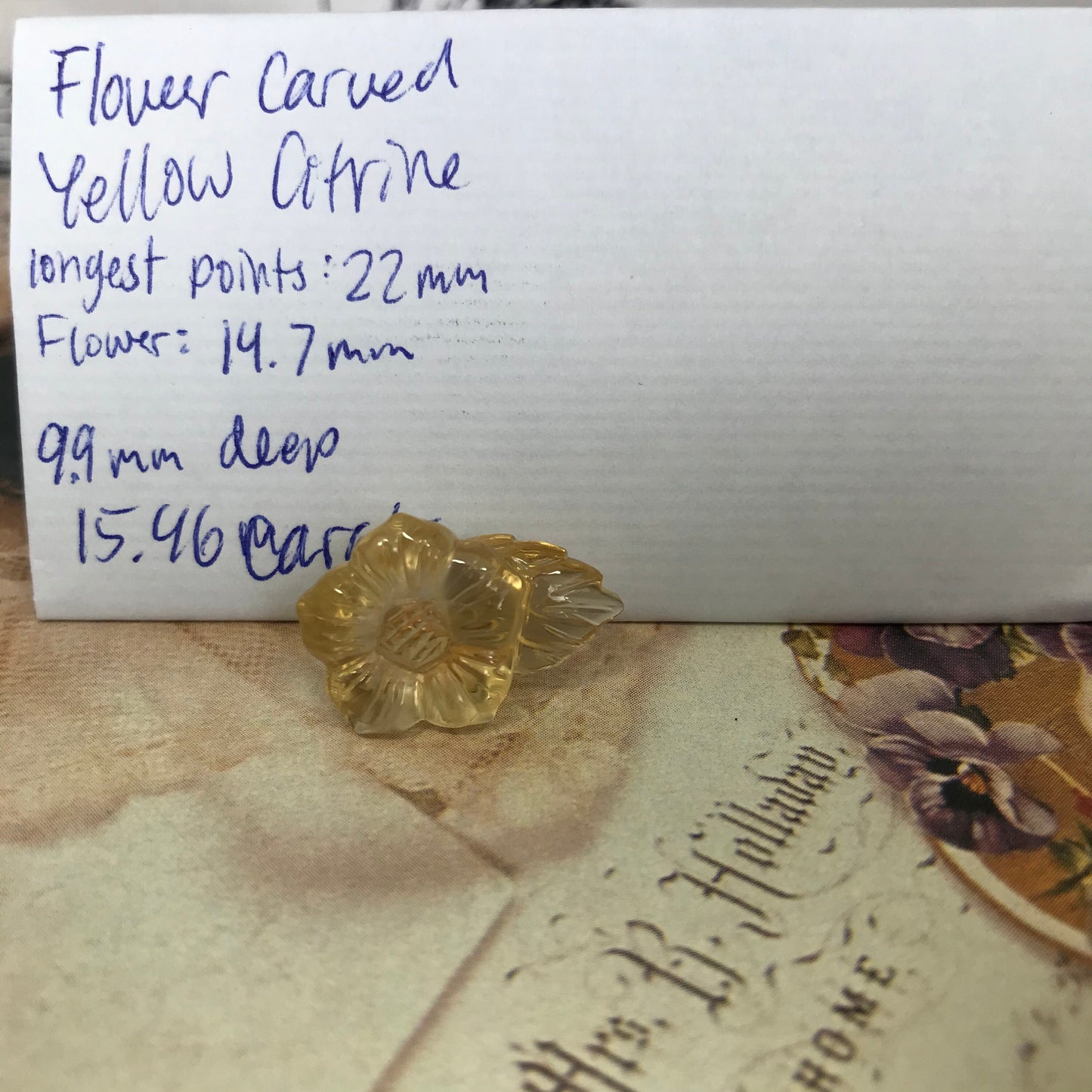Carved Yellow Citrine 15.46 carat 14.7mm Carved Flower and Leaf, Carved Loose Gemstone, November Birthstone