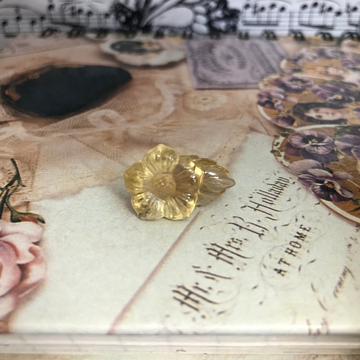 Carved Yellow Citrine 15.46 carat 14.7mm Carved Flower and Leaf, Carved Loose Gemstone, November Birthstone