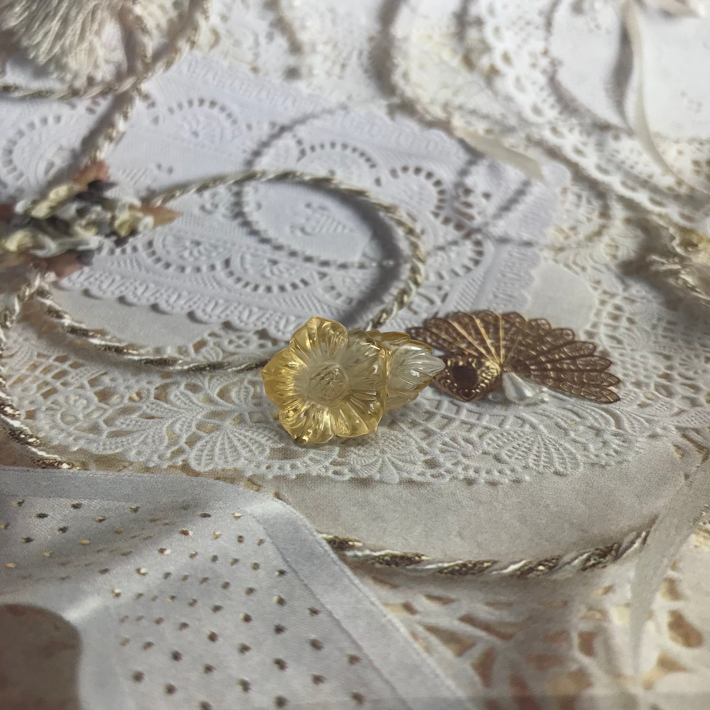 Carved Yellow Citrine 15.46 carat 14.7mm Carved Flower and Leaf, Carved Loose Gemstone, November Birthstone