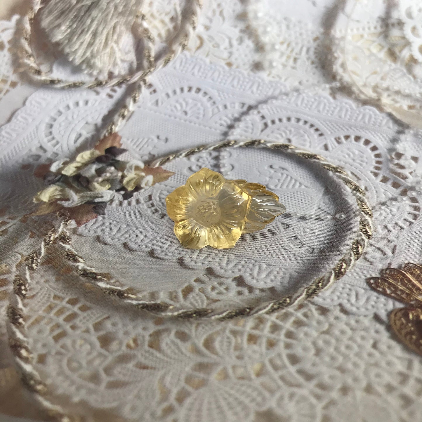 Carved Yellow Citrine 15.46 carat 14.7mm Carved Flower and Leaf, Carved Loose Gemstone, November Birthstone