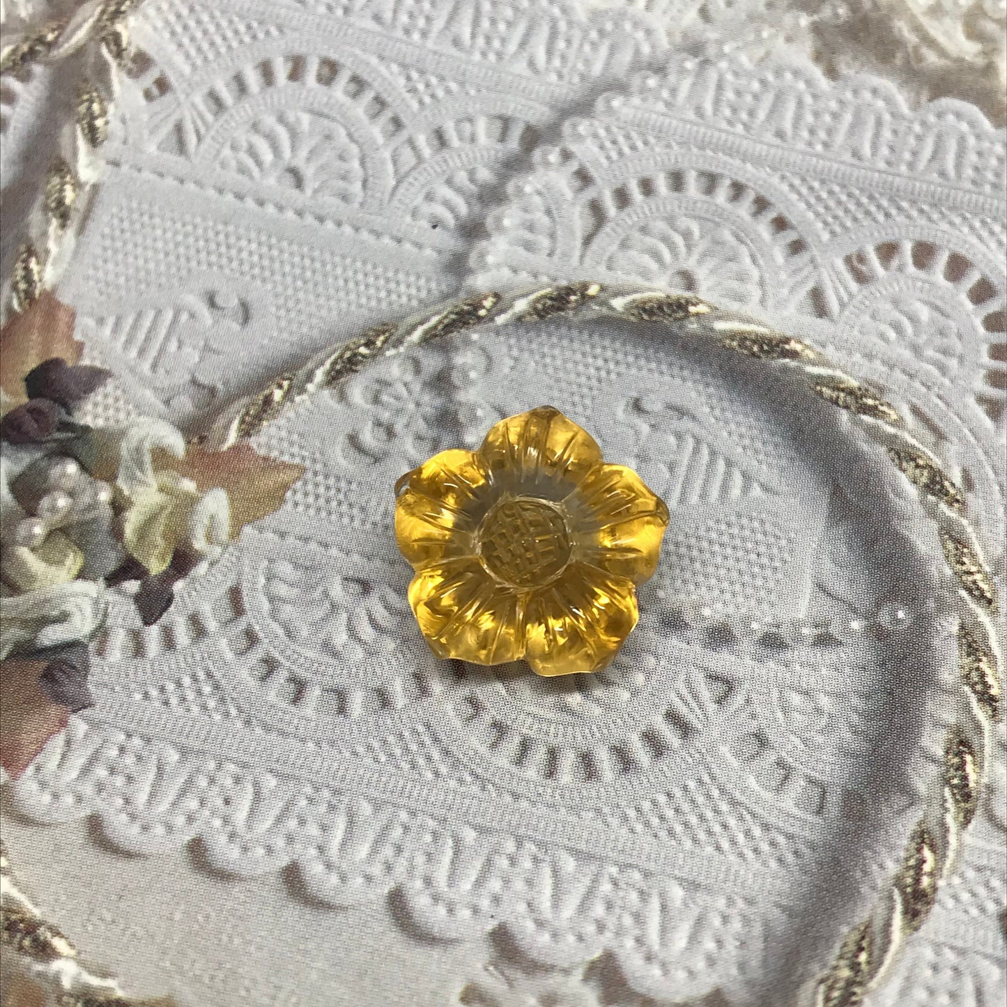 Natural Orange Yellow Citrine, 15 mm Flower Carved Quartz, 12.05 carat Loose Gem Unmounted Gemstone