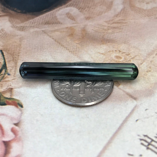 Natural Bi-Color Tourmaline 5.71 carat, 33x4.6mm Long Rectangle Octagon Cut Faceted Loose, Green- Greenish Blue