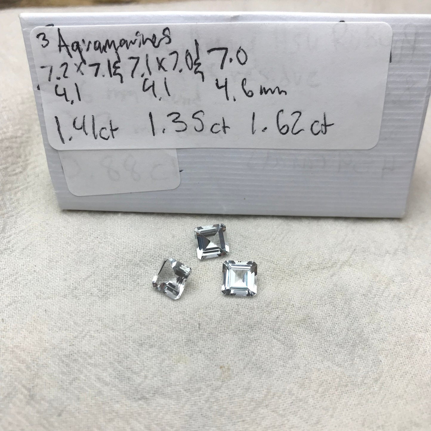 3 Natural Aquamarines 7mm Square, 4.38 Carats Total, Carre cut Loose Faceted Matching Gemstones