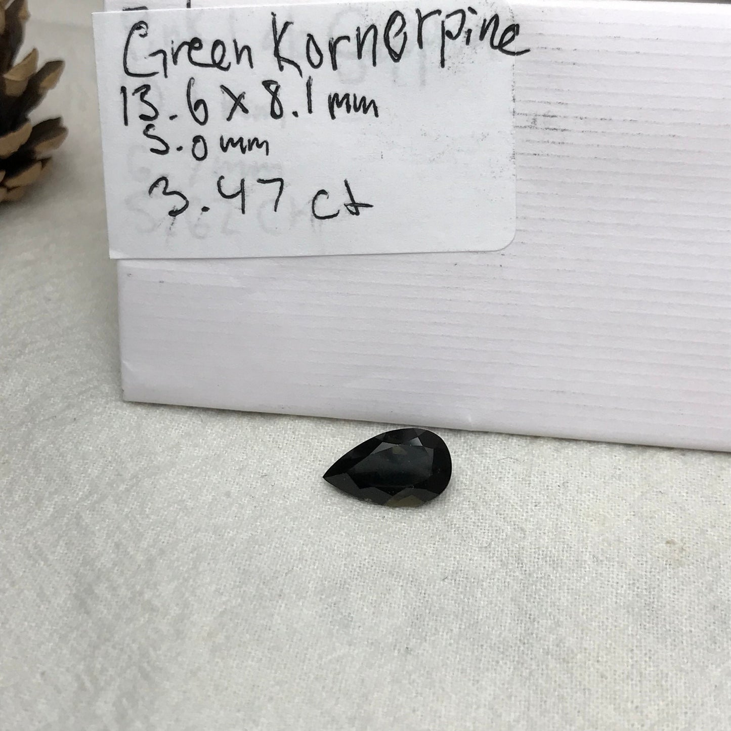 3.47 Carat Green Kornerupine 13.5x8mm Pear Cut, Faceted Green Gemstone, Deep Green