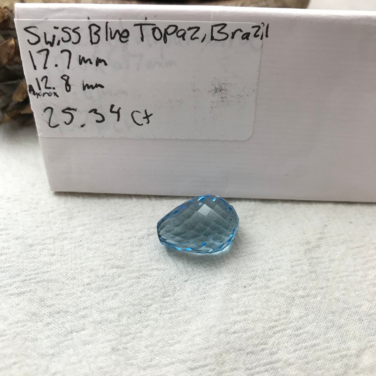 17.7mm Blue Topaz Briolette Cut, 25.34 carat Loose Faceted Gem, Topaz Bead, Undrilled Briolette
