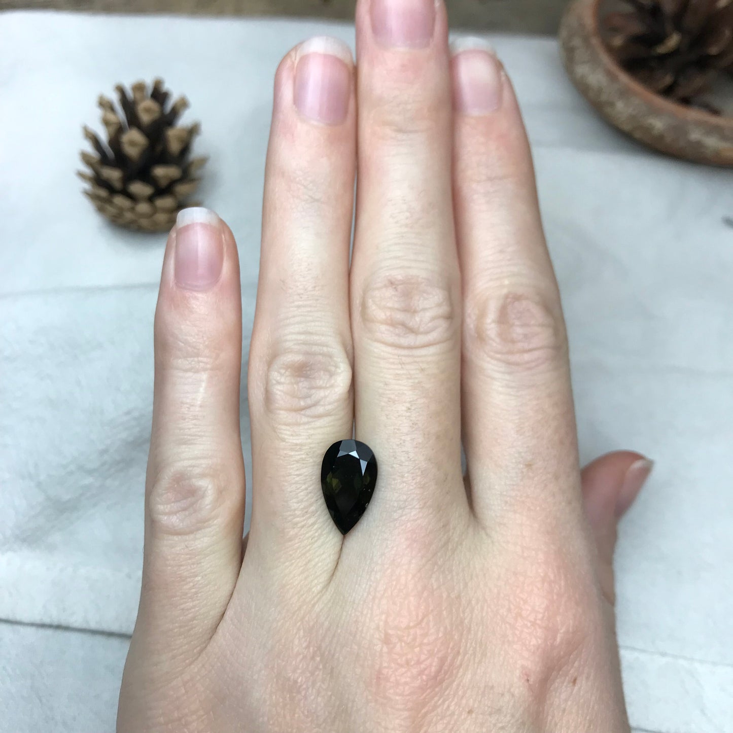 3.47 Carat Green Kornerupine 13.5x8mm Pear Cut, Faceted Green Gemstone, Deep Green