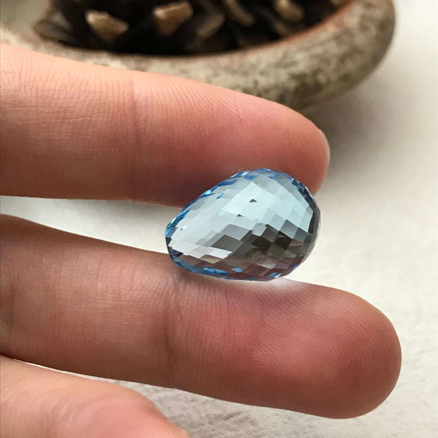 17.7mm Blue Topaz Briolette Cut, 25.34 carat Loose Faceted Gem, Topaz Bead, Undrilled Briolette