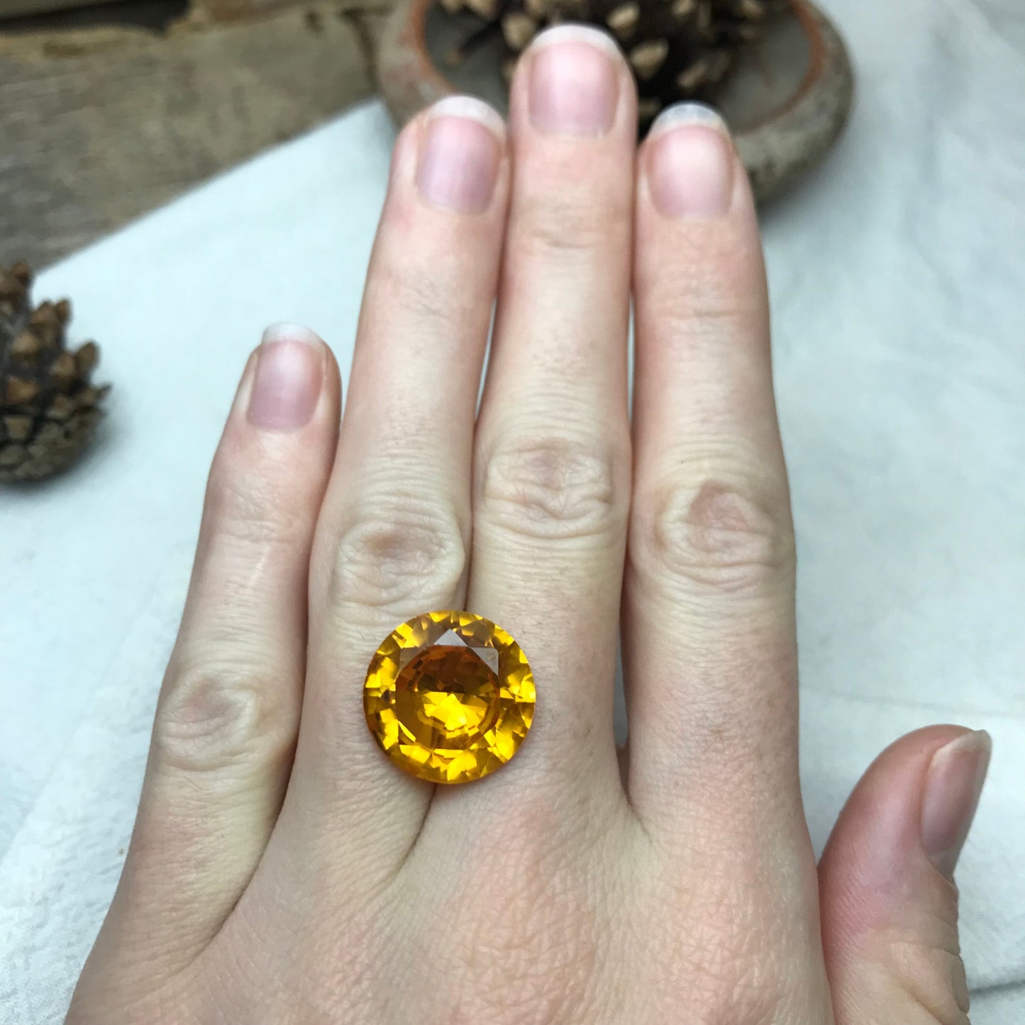 16mm Orangey Yellow Synthetic Sapphire 16.56 carat Round Cut, Faceted Loose Gemstone For Jewelry Setting,  Lab Created Gem