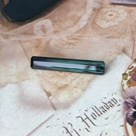 Natural Bi-Color Tourmaline 6.74 carat, 31x5mm Long Rectangle Octagon Cut Faceted Loose, Dark Bluish Green - Violet Blue