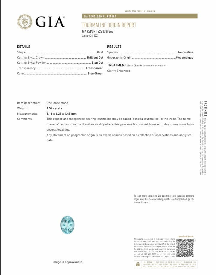 1.52 ct GIA Certified Paraiba Tourmaline 8x6mm, Natural  Copper and Maganese Bearing Blue Green Tourmaline, Clarity Enhanced Tourmaline