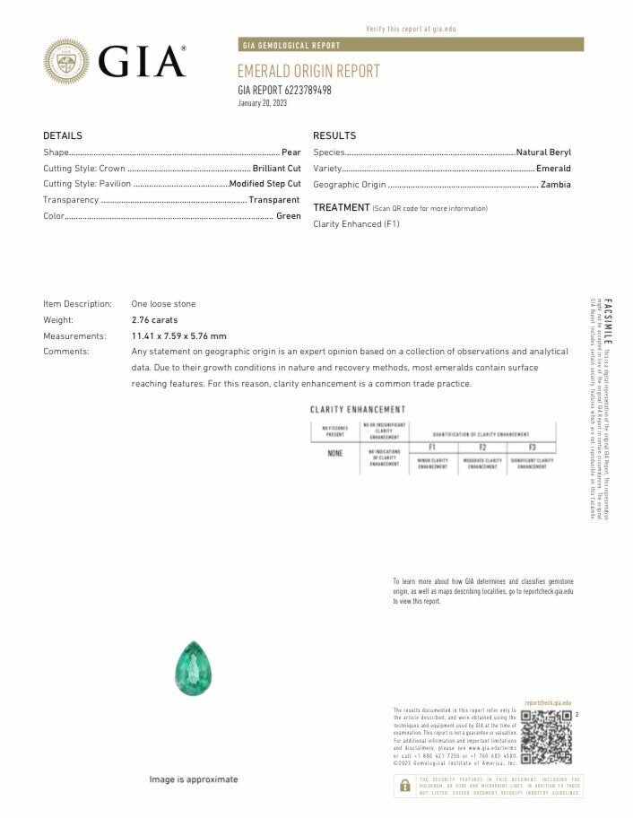 GIA Certified 2.76 cts Emerald 11.4x7.6 mm Pear Cut Faceted Loose Gem, Nice Natural Zambian Emerald