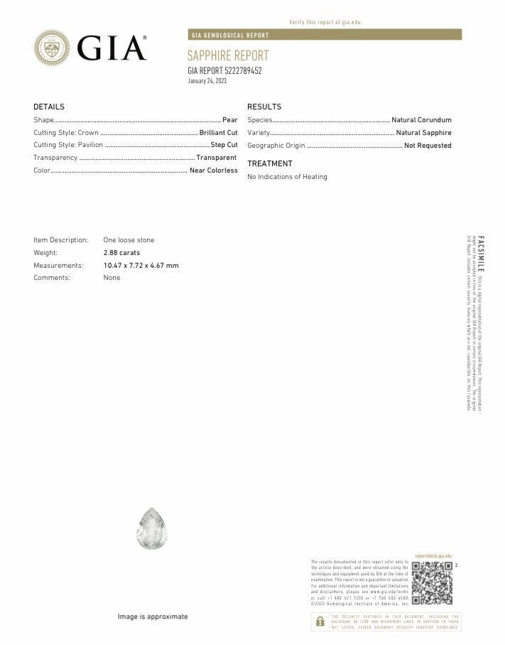 GIA Certified Light Sapphire 2.88 carat 10.5x7.7mm Pear Cut, Faceted Loose Unheated Nearly Colorless Sapphire