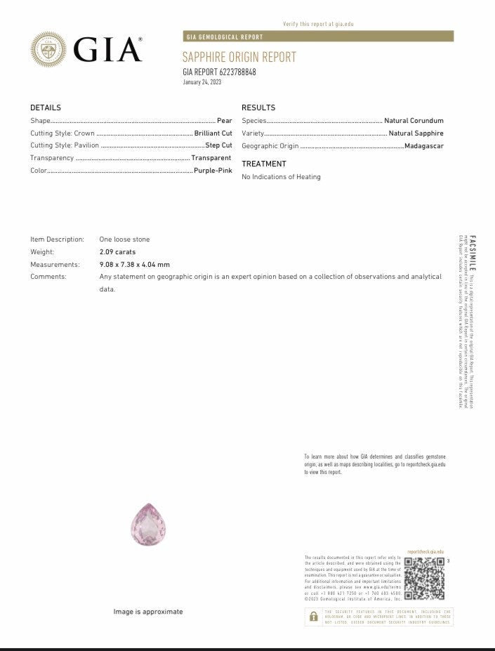 2 Ct. GIA Certified Purple-Pink Sapphire 9x7.4mm Pear Cut, Madagascar Unheated Sapphire, Light Color