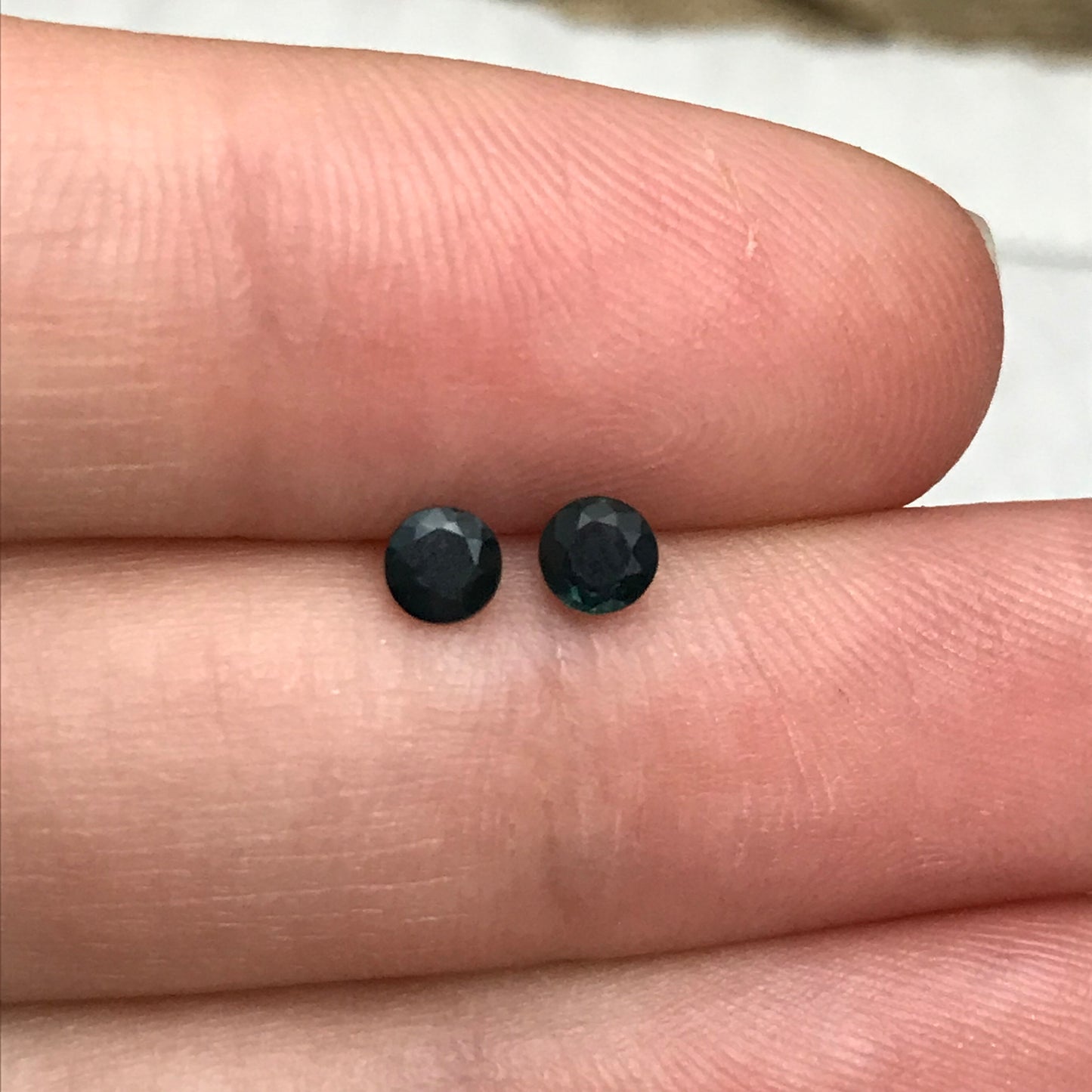 Pair of 3.5mm Natural Sapphire Deep Bluish Green Sapphires, 0.22 ea. 2 Round cut Sapphires, Faceted Stones Heated, 0.45 CTW,