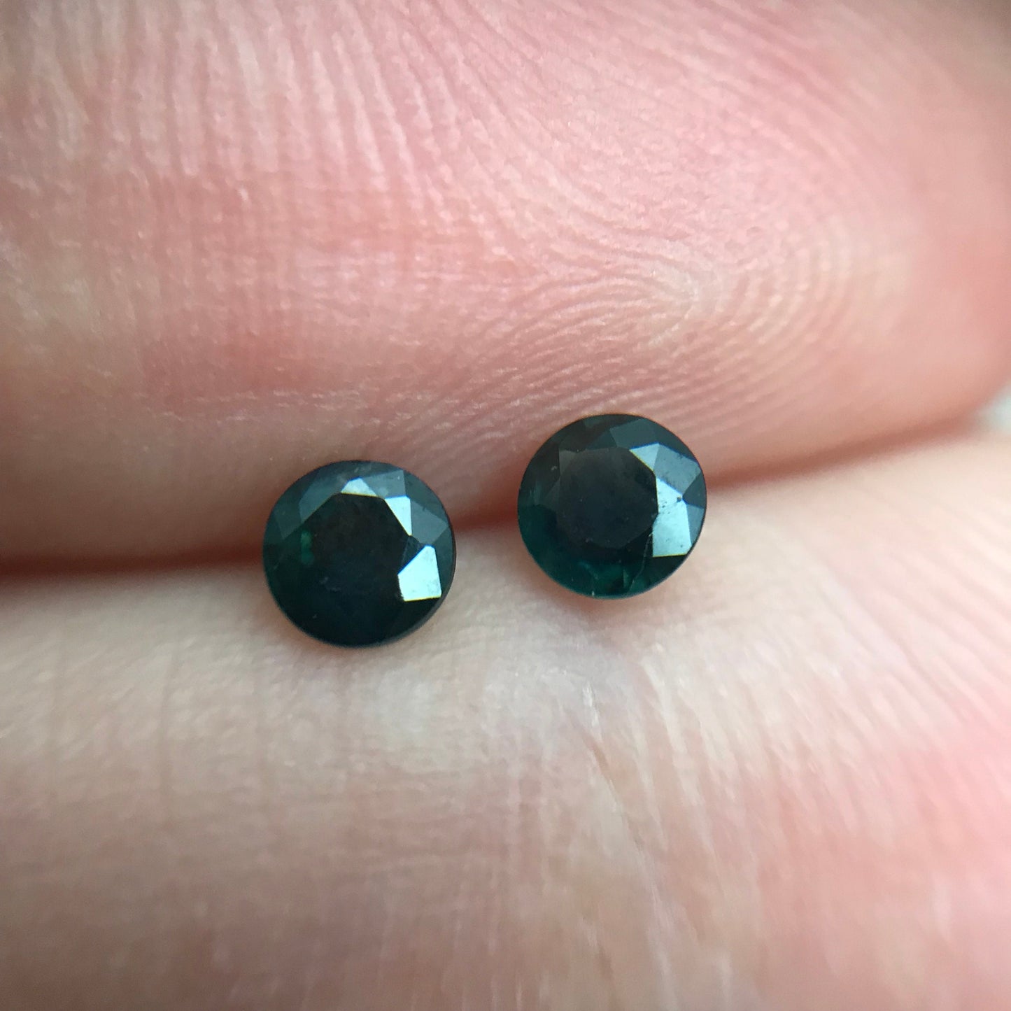 Pair of 3.5mm Natural Sapphire Deep Bluish Green Sapphires, 0.22 ea. 2 Round cut Sapphires, Faceted Stones Heated, 0.45 CTW,