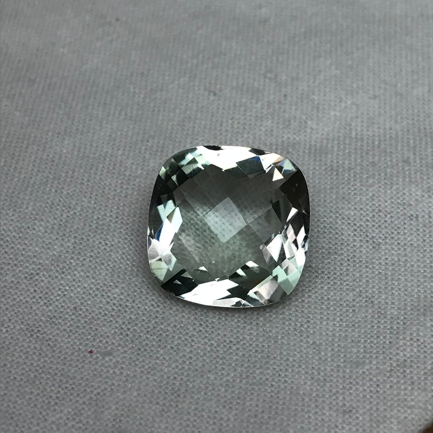 11.26 Carat Prasiolite 15.1mm Square Cushion Cut, Faceted Loose Light Green Quartz