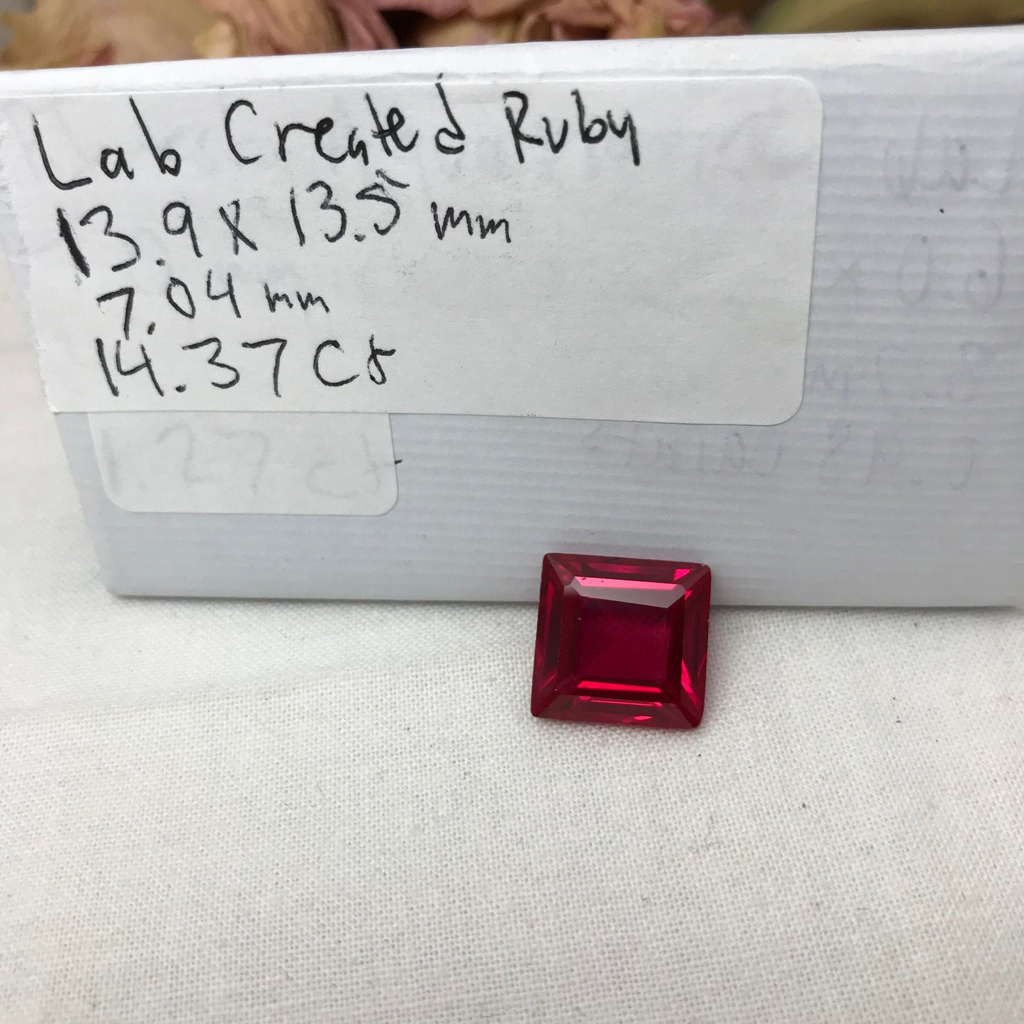 14 Carat Square Cut Lab Created Ruby, 14x13.5mm Loose Faceted Recycled Gemstone