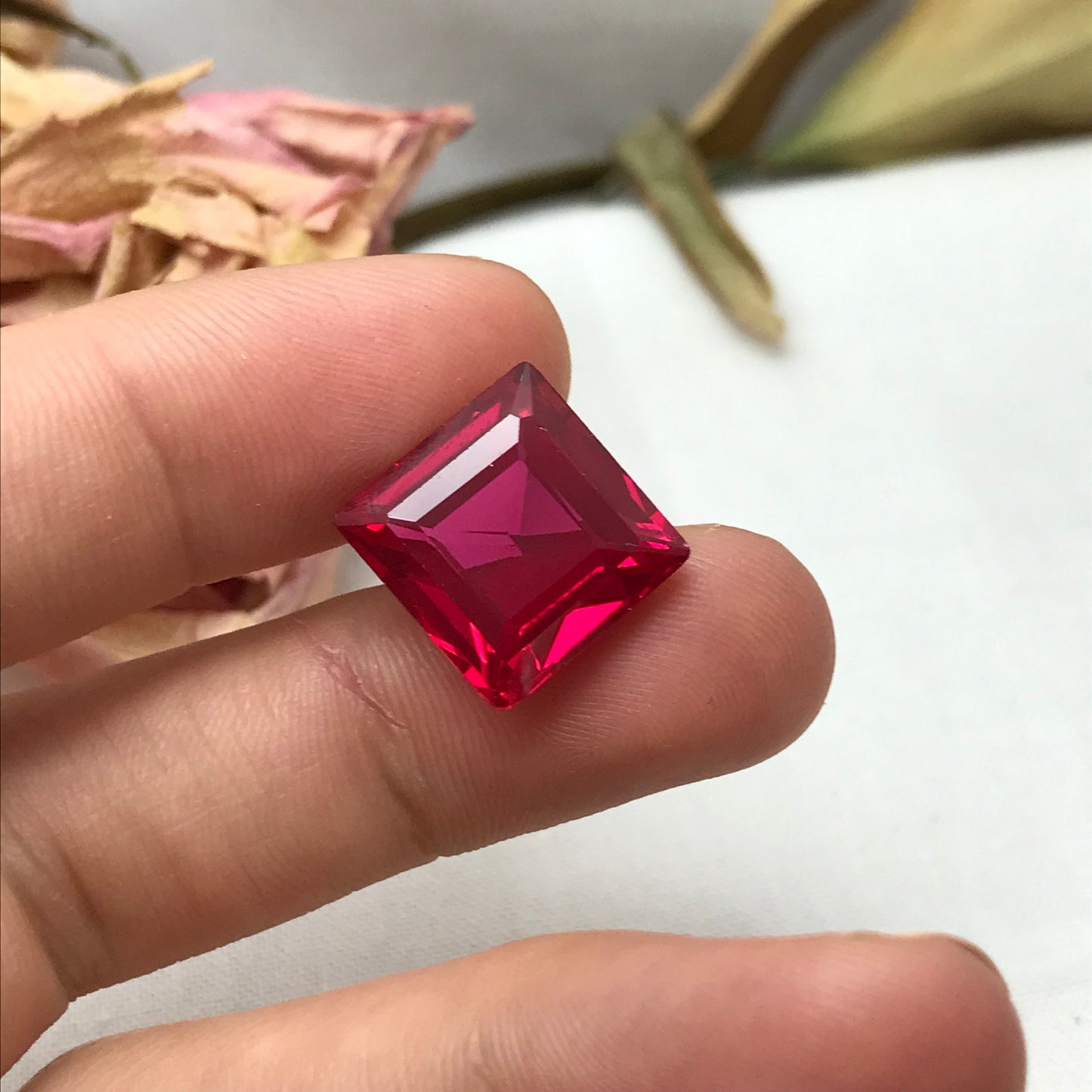 14 Carat Square Cut Lab Created Ruby, 14x13.5mm Loose Faceted Recycled Gemstone