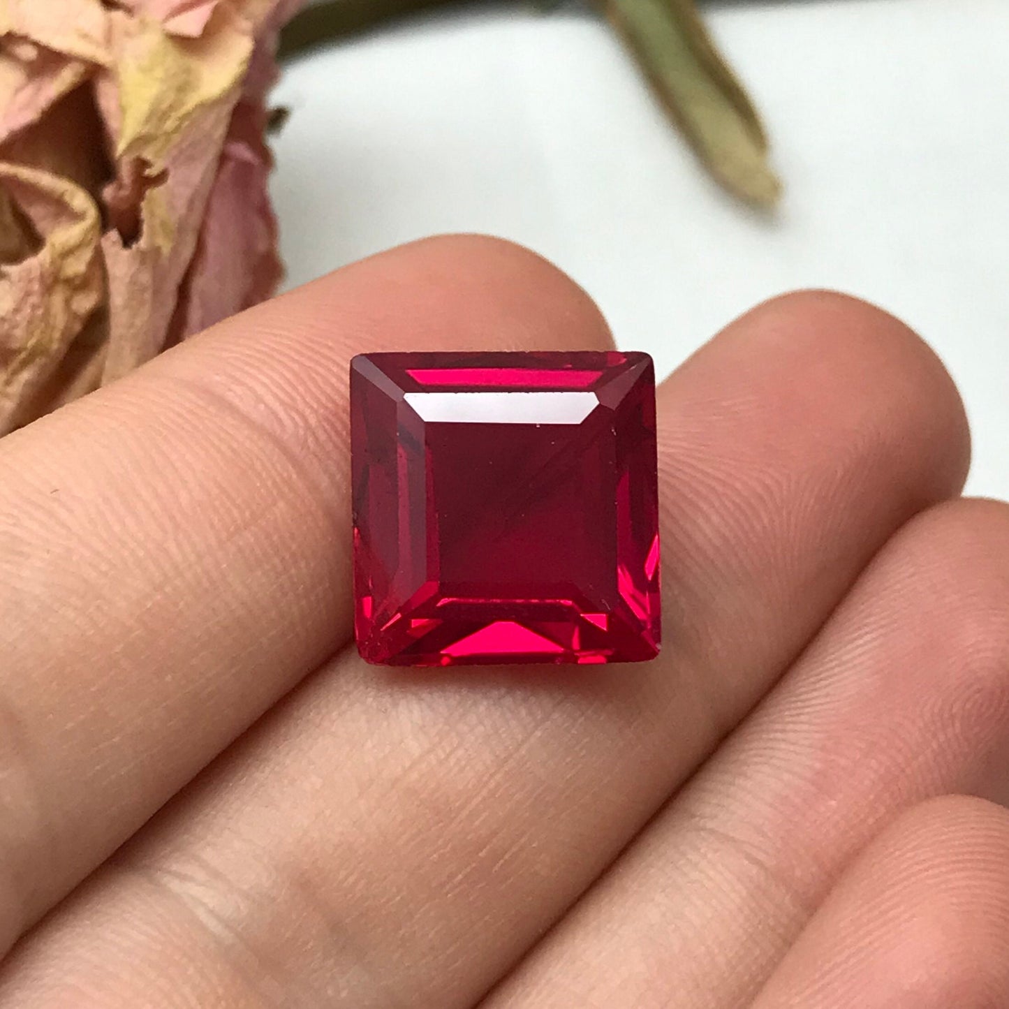 14 Carat Square Cut Lab Created Ruby, 14x13.5mm Loose Faceted Recycled Gemstone