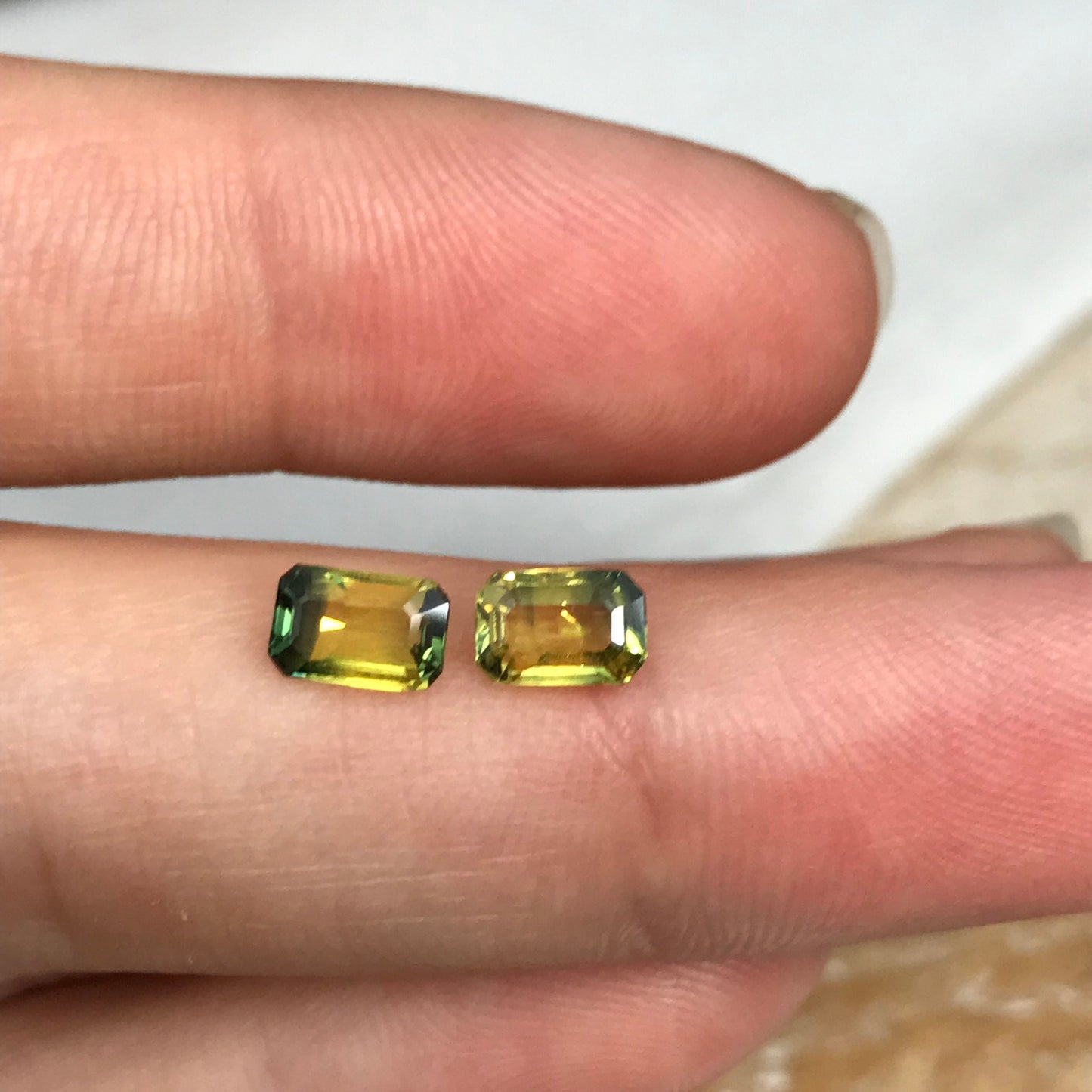 2 Natural Bi-Color Sapphires 6x4mm Yellow Green Sapphires, 0.72 ea. Pair of Emerald cut Sapphires, 1.47 CTW,